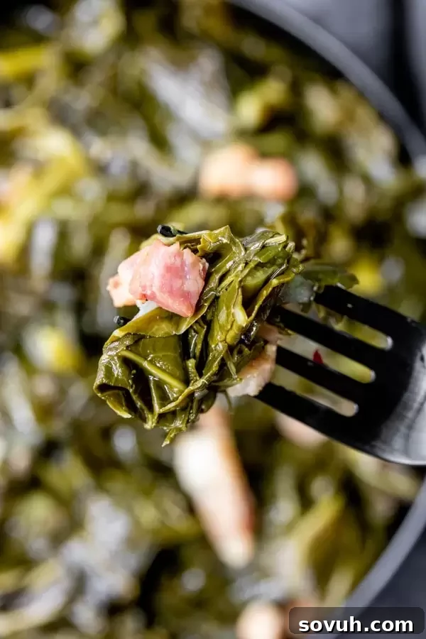 A close-up view of perfectly cooked Instant Pot Turnip Greens, showcasing their tender texture and rich color, with visible pieces of crispy bacon adding savory depth.