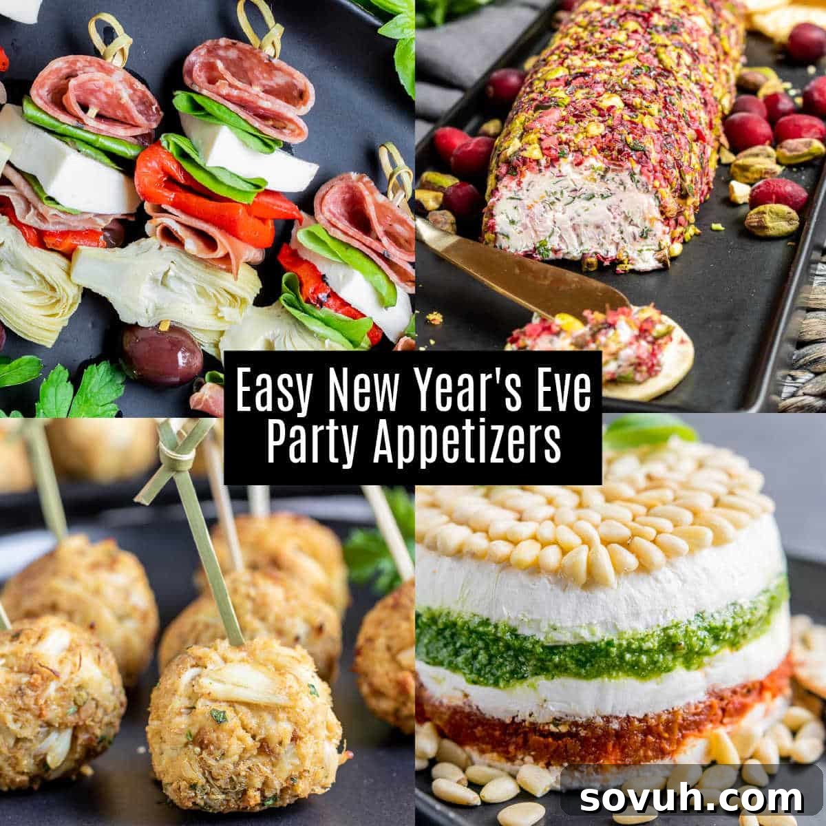 A vibrant spread of easy New Year's Eve finger foods, featuring various appetizers ready for a festive party