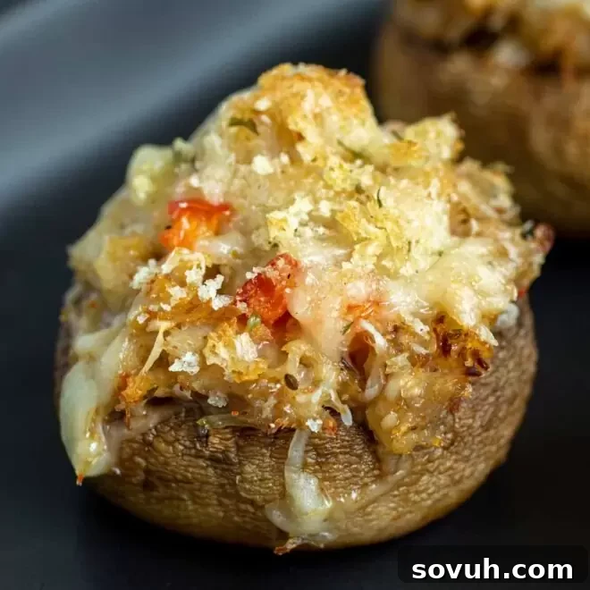 Crab Stuffed Mushrooms on a black plate, elegantly arranged
