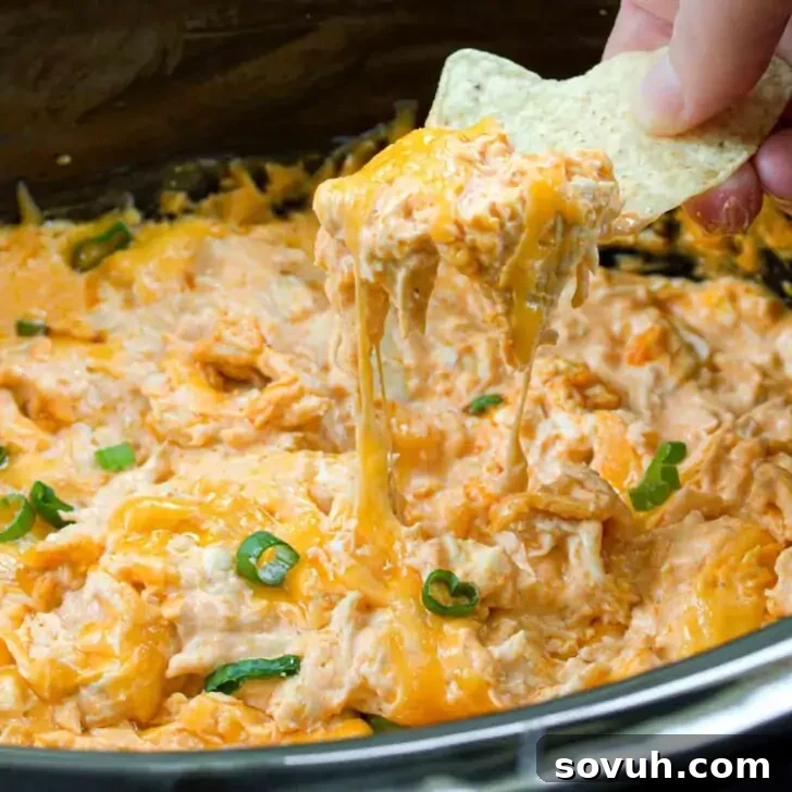 Person dipping a tortilla chip into a cheesy, creamy buffalo chicken dip, topped with sliced green onions.