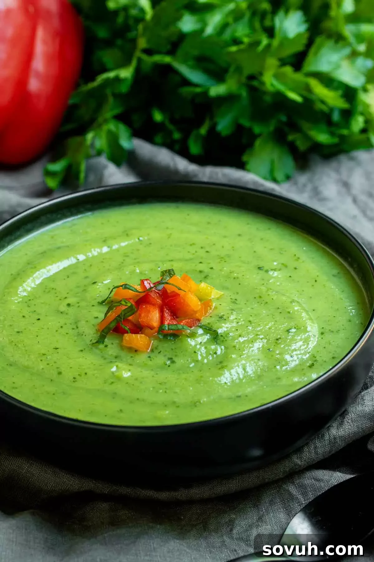 A beautifully presented bowl of creamy zucchini soup, garnished with vibrant diced bell peppers, ready to be enjoyed as a gourmet meal.