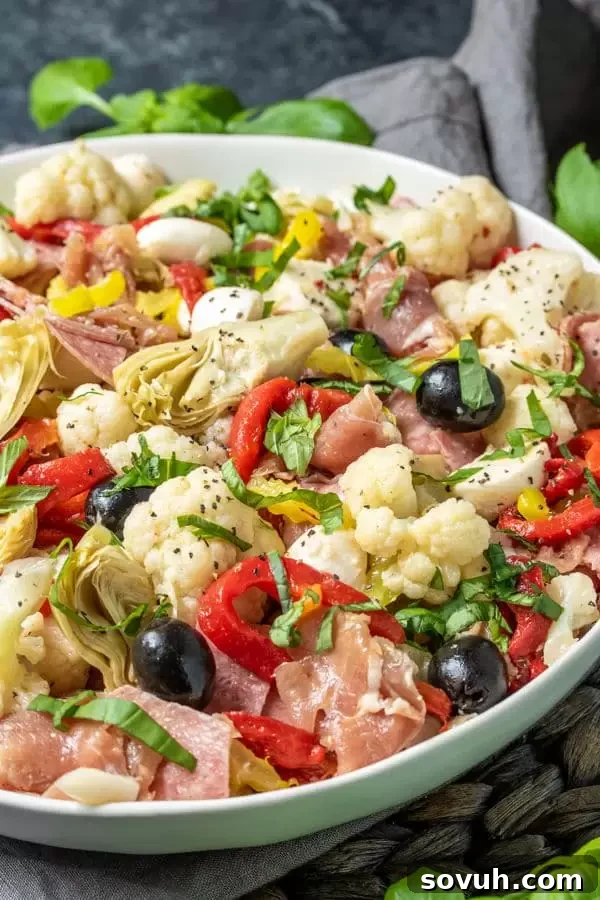 Keto Antipasto Salad made with roasted red peppers