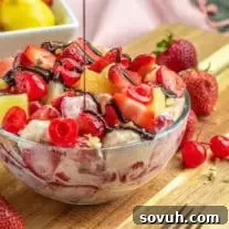 Banana Split Cheesecake Salad with a drizzle of chocolate sauce