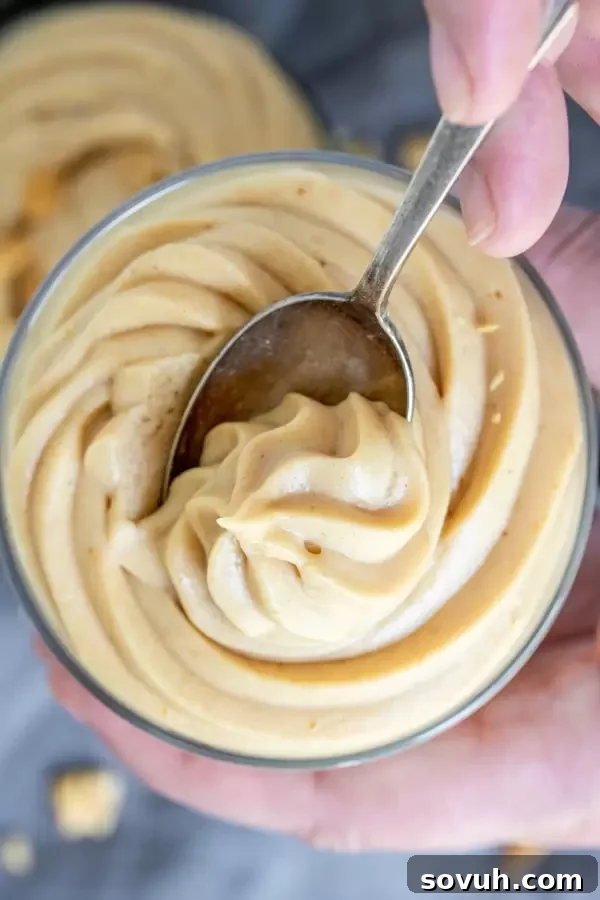 spoon full of creamy Keto Peanut Butter Mousse, showing its smooth texture