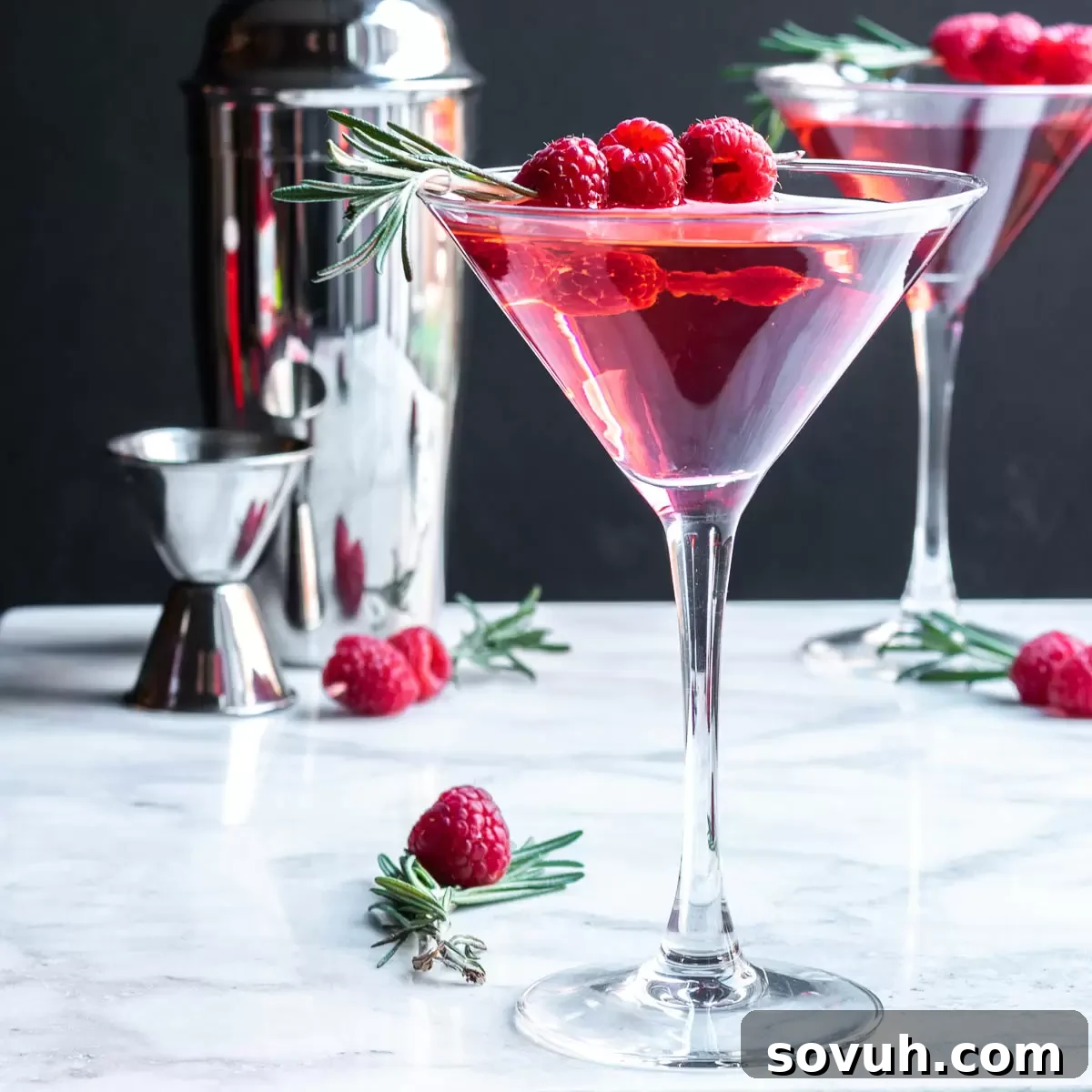 Luscious Raspberry Martini 2 Raspberry Martini garnished with fresh raspberries, a sophisticated and vibrant pink cocktail perfect for celebrations and special moments.