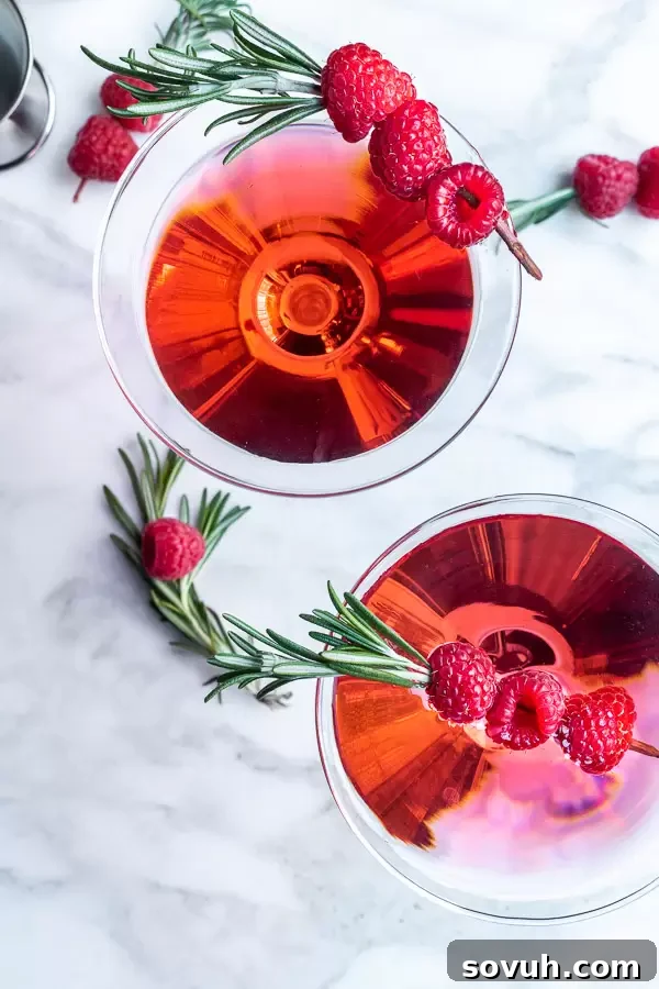 Luscious Raspberry Martini 3 Two Raspberry Martinis garnished with fresh raspberries, showcasing the vibrant pink color and elegant presentation of the cocktail.