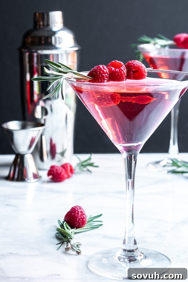 Luscious Raspberry Martini 5 Two holiday Raspberry Martinis, beautifully garnished, set against a festive backdrop, perfect for festive celebrations.