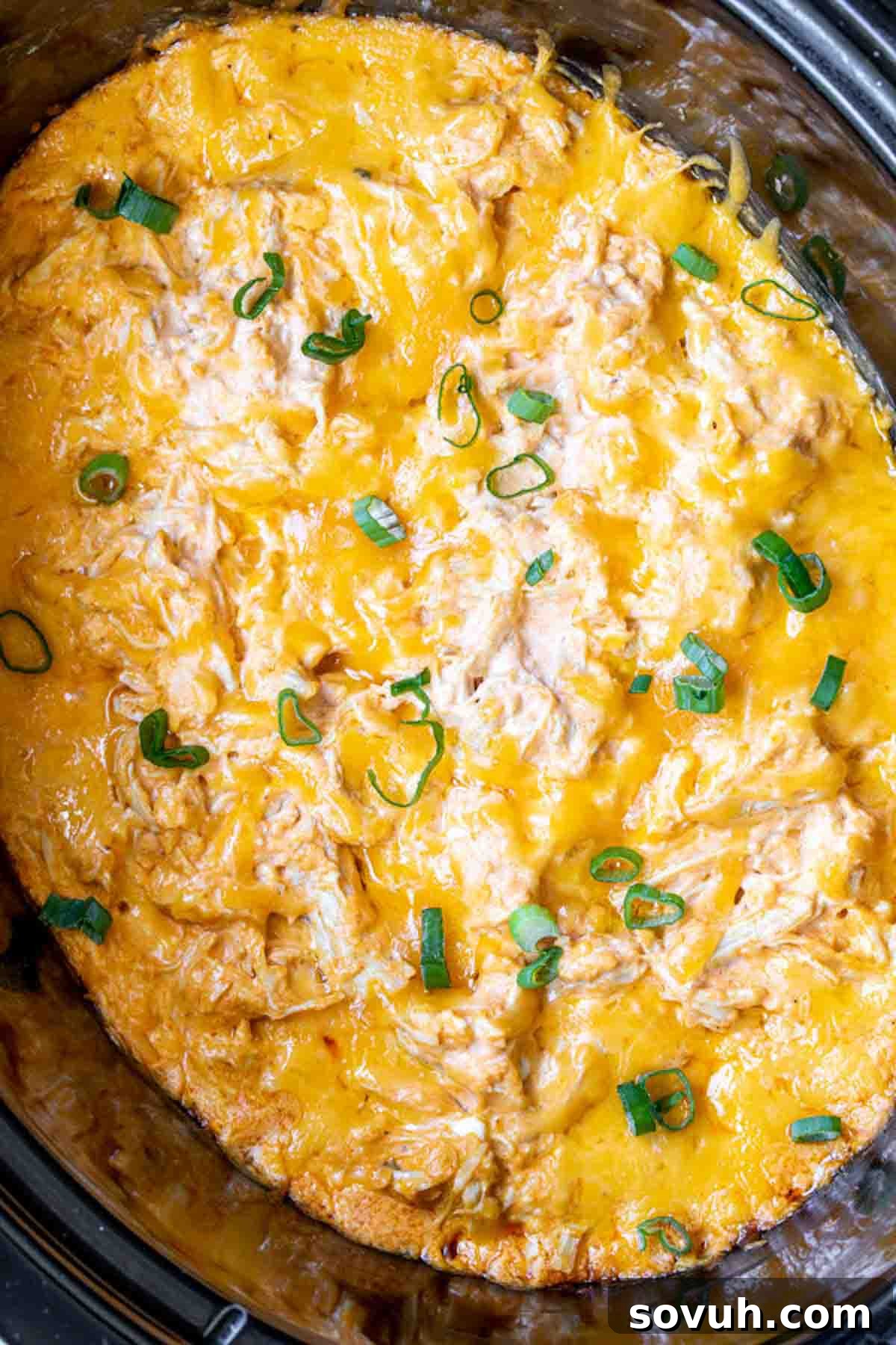 A slow cooker filled with golden, cheesy buffalo chicken dip, generously topped with vibrant chopped green onions.