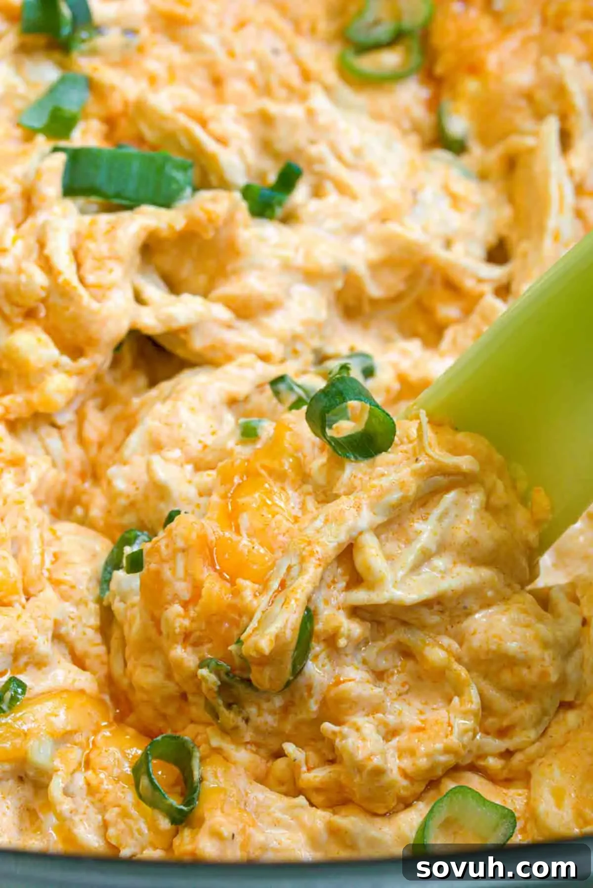 Close-up of creamy, hot buffalo chicken dip with shredded chicken, topped with sliced green onions, being mixed with a spatula.