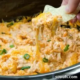 Person dipping a tortilla chip into a cheesy, creamy buffalo chicken dip, topped with sliced green onions.