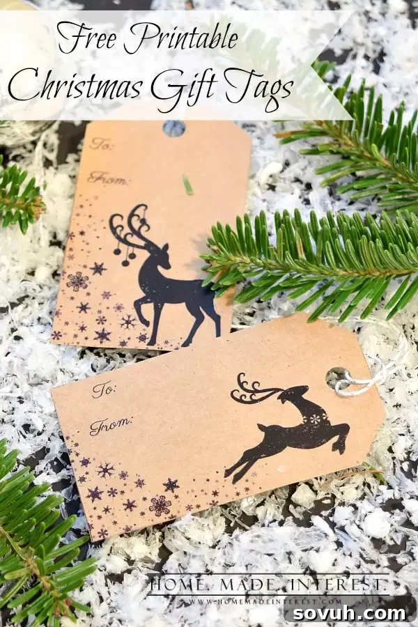 Elegant deer design free printable Christmas gift tags on kraft paper, adding a rustic and charming touch to holiday gifts and decorations.