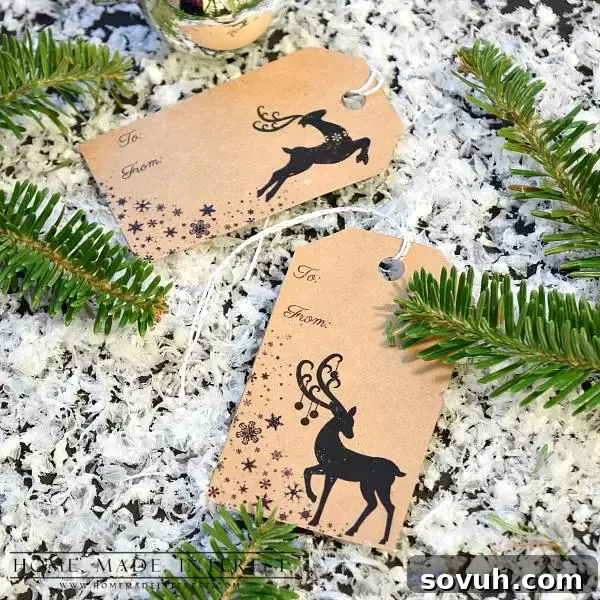 Several printed deer Christmas gift tags, some already cut out, arranged beautifully and ready to be prepared for holiday gifts, showcasing a successful DIY project.