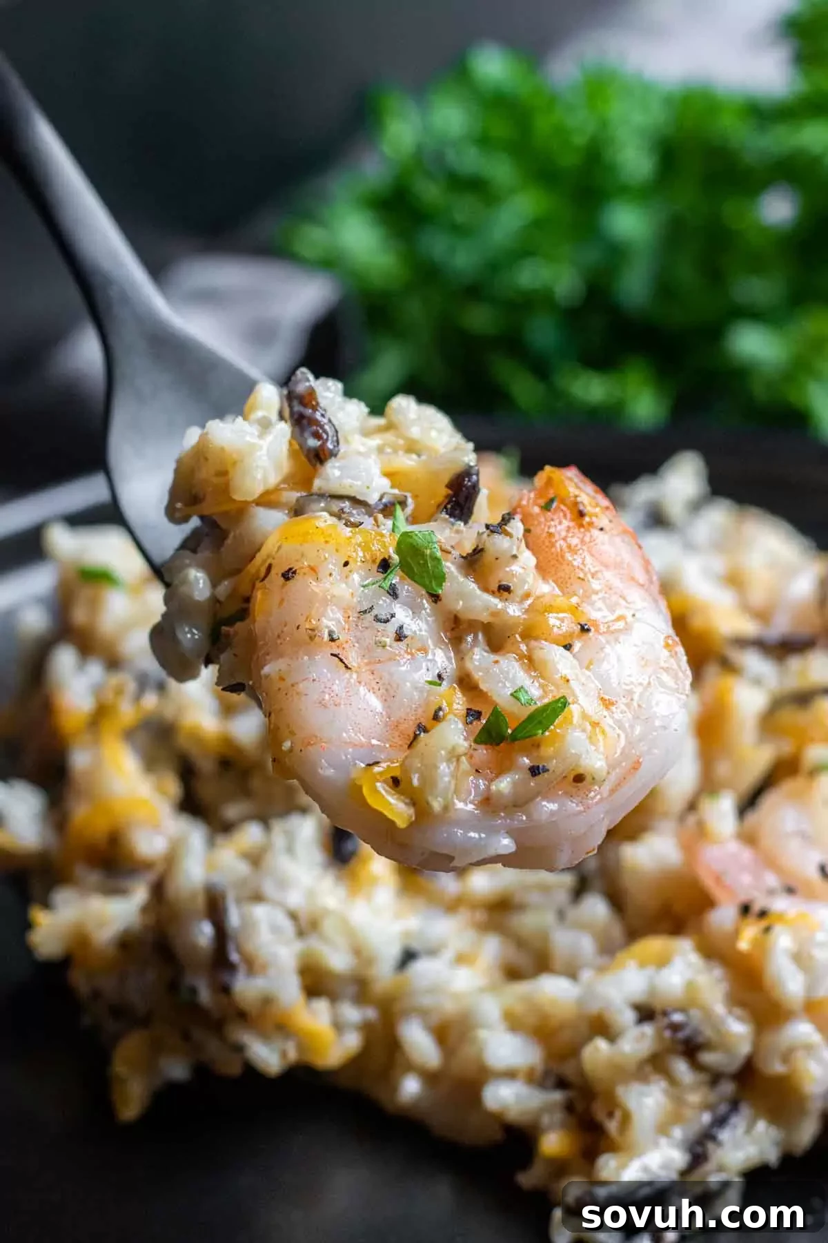 Shrimp Casserole with rice on a fork, showing the creamy texture