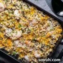 Shrimp Casserole with wild rice in black dish