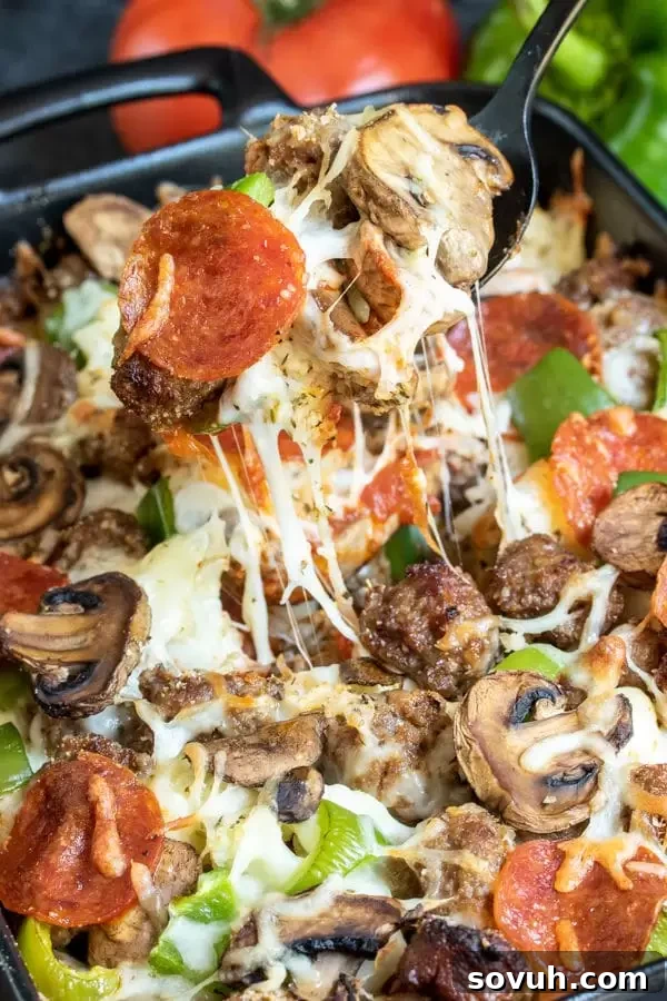 Baked Low Carb Pizza Casserole loaded with supreme pizza toppings and bubbly cheese