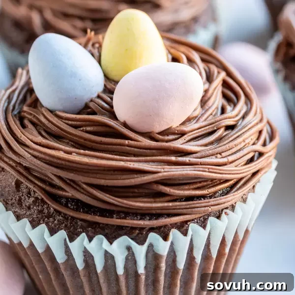 Bird’s Nest Easter Cupcakes, a perfect Easter dessert decorated with chocolate nests and mini candy eggs