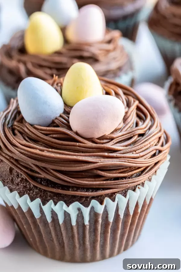 Bird’s Nest Easter Cupcakes are rich chocolate frosted Easter cupcakes with candy eggs