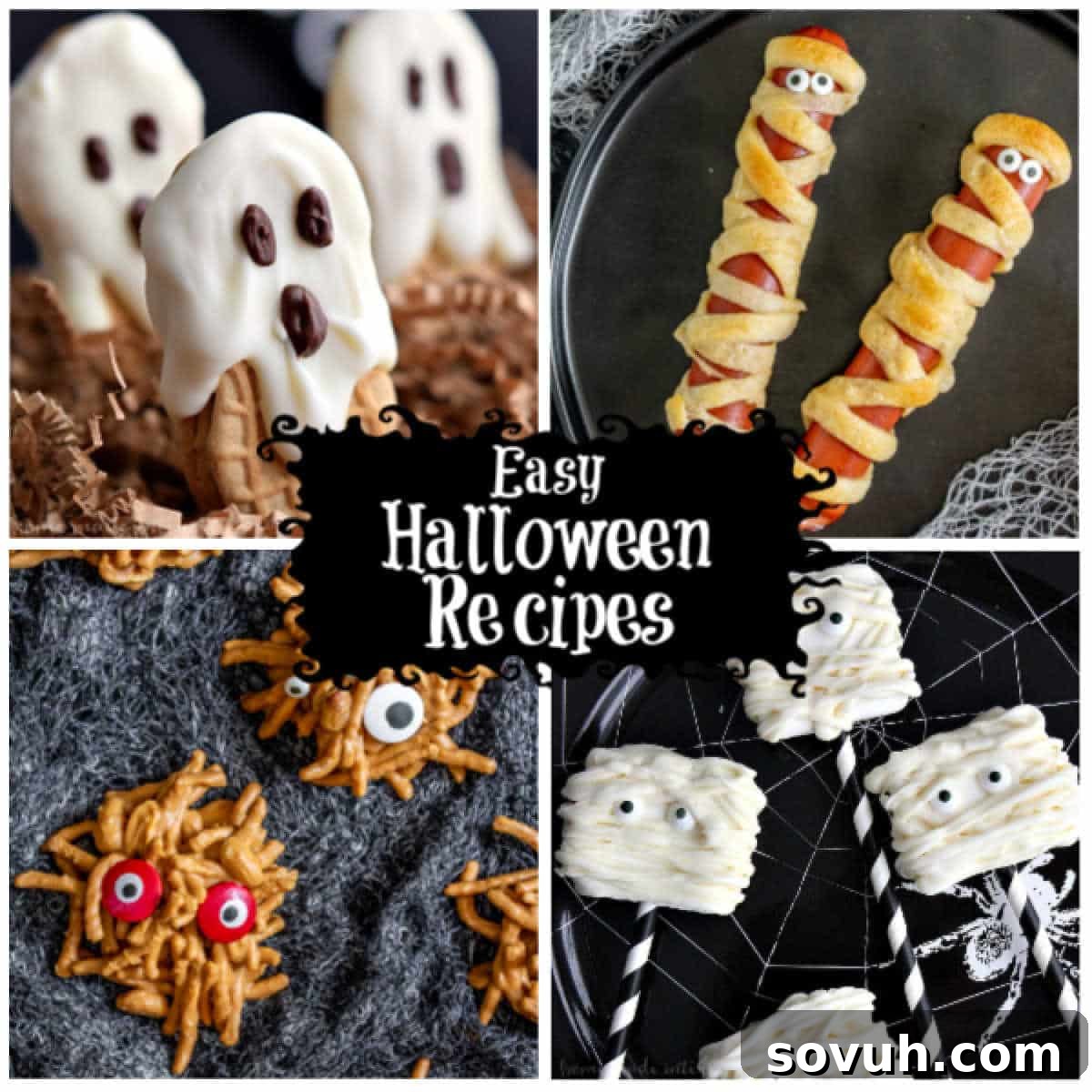 A vibrant collage showcasing a variety of savory and sweet Halloween treats, including mummy dogs, monster cookies, ghost cupcakes, and spooky dips, perfect for any Halloween party or celebration.