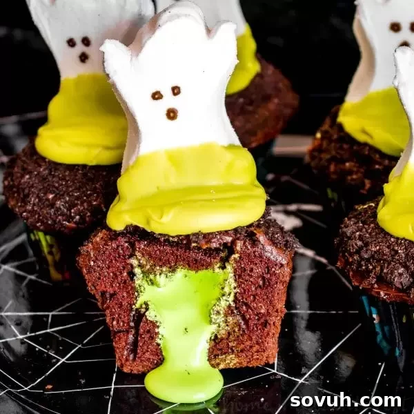 Decadent Halloween Chocolate cupcakes, each topped with a playful ghost decoration.