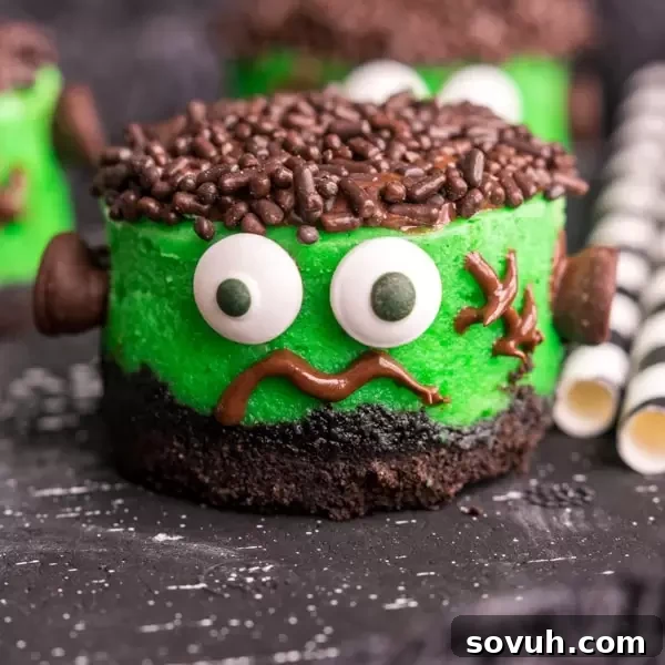 Adorable, bite-sized Mini Frankenstein Cheesecakes, perfect for Halloween.