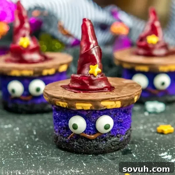 A whimsical witch's hat dessert, likely a mini cheesecake, perfect for Halloween.