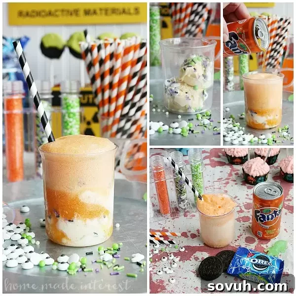 Mad Scientist Floats, a spooky green beverage with ice cream for a Halloween party.