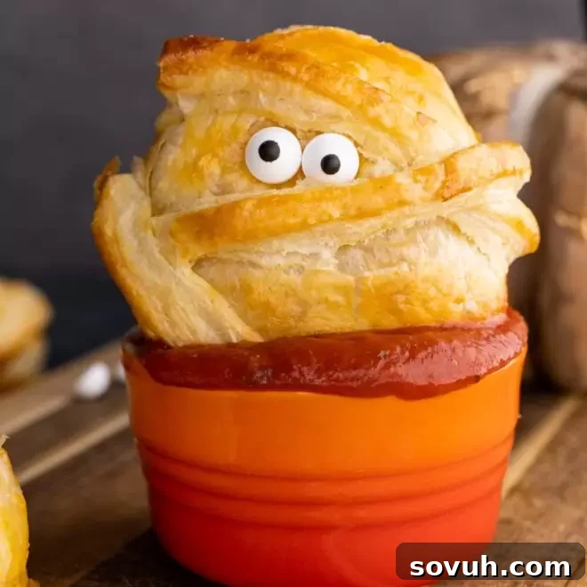 A Halloween Baked Cheese mummy, encased in puff pastry and served with a savory sauce.