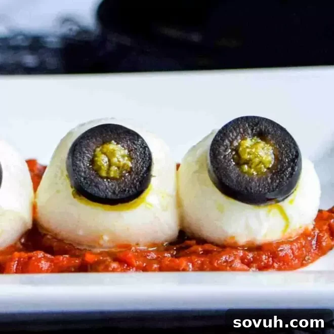 Three eerie mozzarella balls with black olive 'eyes', resembling Halloween eyeballs, presented on a white plate.
