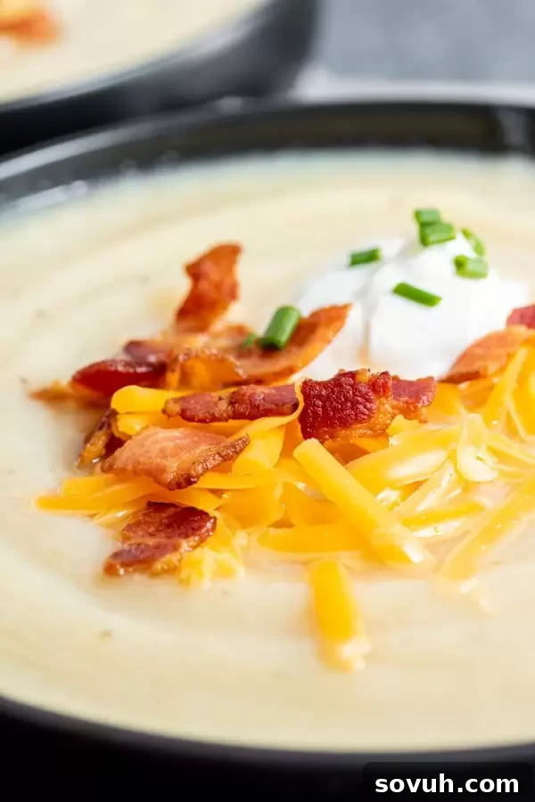 Instant Pot Loaded Cauliflower Soup topped with crispy bacon bits, shredded cheese, and fresh chives, served in a rustic bowl.