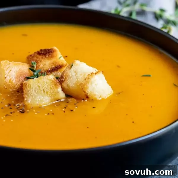 bowl of Instant Pot Butternut Squash Soup topped with croutons