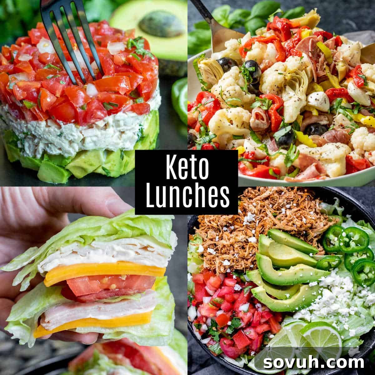 Collage of keto lunch recipes including salads, wraps, and bowls