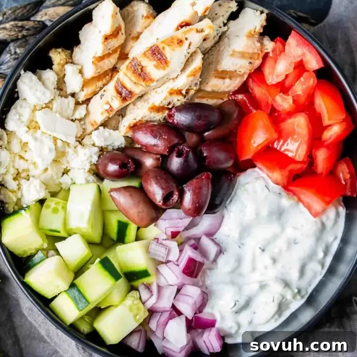 Bowl with grilled chicken, diced tomatoes, cucumbers, feta cheese, kalamata olives, red onions, and tzatziki sauce.