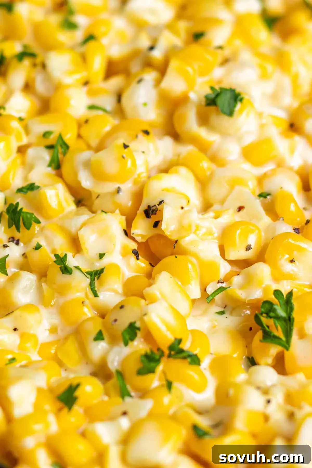 A close up of a black dish with Creamed Corn, showing its inviting texture.