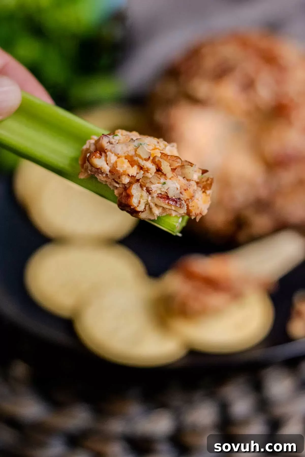 A person holding a celery stick with a cheese ball on it, perfect for dipping.