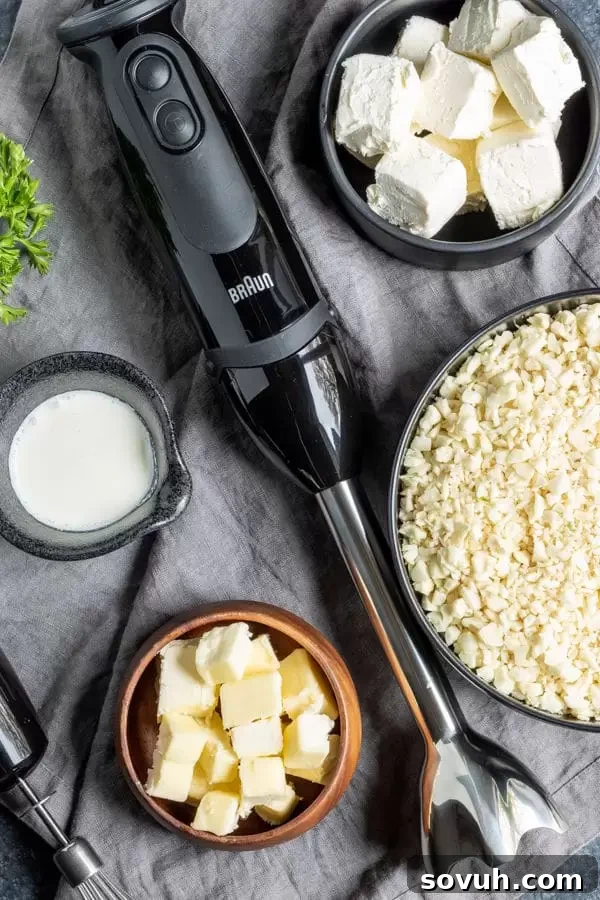 Step-by-step image showing how to easily make cauliflower mash, highlighting ingredients in a pan.