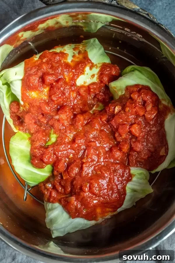 Step-by-step guide on how to make Keto Instant Pot Cabbage Rolls, showing the filling and rolling process.