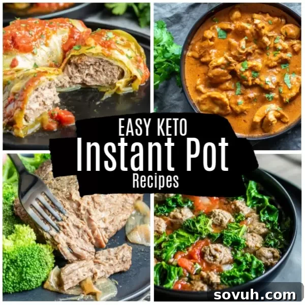A vibrant collage of various easy keto Instant Pot dishes, showcasing delicious low-carb options like chicken, beef, and soup recipes, all made for quick and healthy keto dinners.