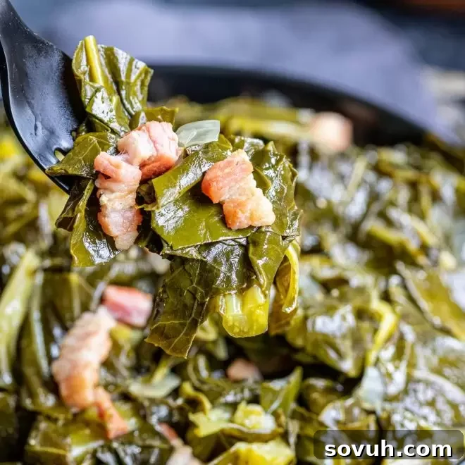 A bowl of tender Instant Pot Collard Greens, a classic Southern side dish.