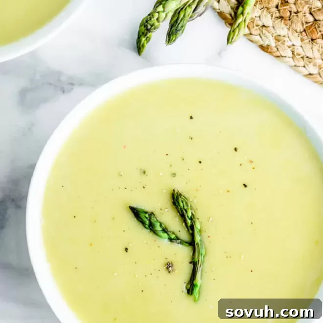 A vibrant bowl of Creamy Asparagus Soup, perfect for a spring meal.