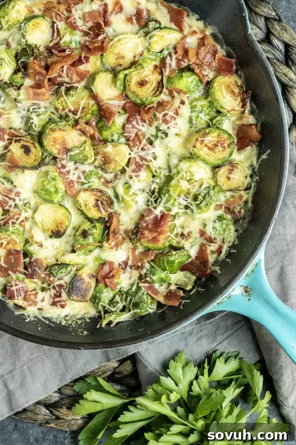 Cheesy Bacon Brussels Sprouts easy low carb skillet recipe