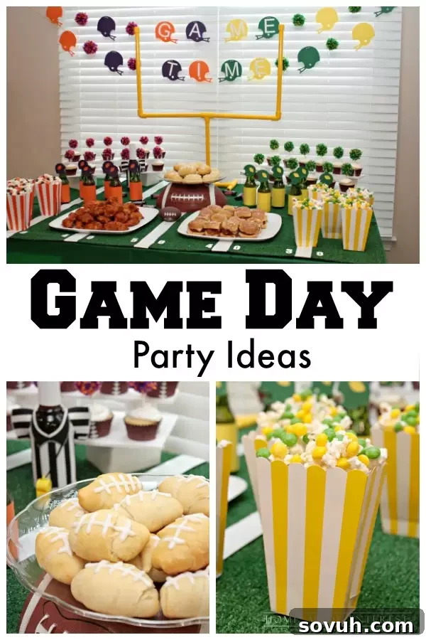 A festive Game Day party table set up like a football field, complete with SNICKERS crescent rolls, Skittles popcorn, and fun decorations.
