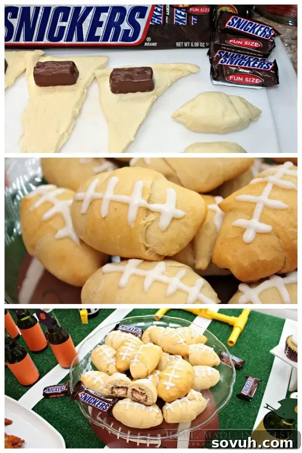 Easy and delicious SNICKERS stuffed crescent rolls shaped like footballs with icing laces, ideal Game Day food.