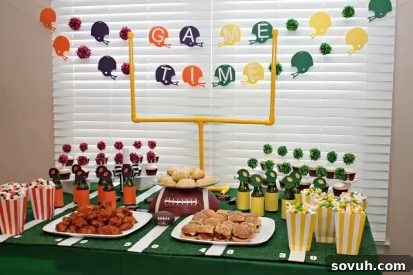 A fully decorated Game Day party table resembling a football field, featuring SNICKERS crescent rolls, Skittles popcorn, and other themed snacks.