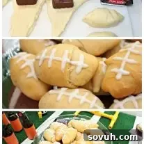 Close-up of a SNICKERS crescent roll, golden brown with white icing laces, resembling a mini football.