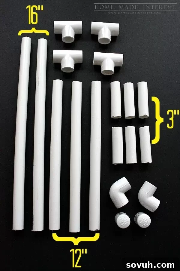 PVC pipe pieces laid out for DIY football field goal craft