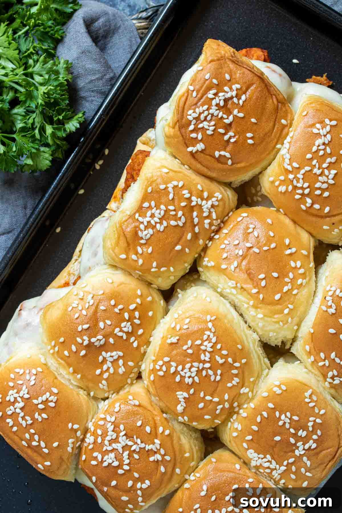 buffalo chicken sliders on a sheet pan