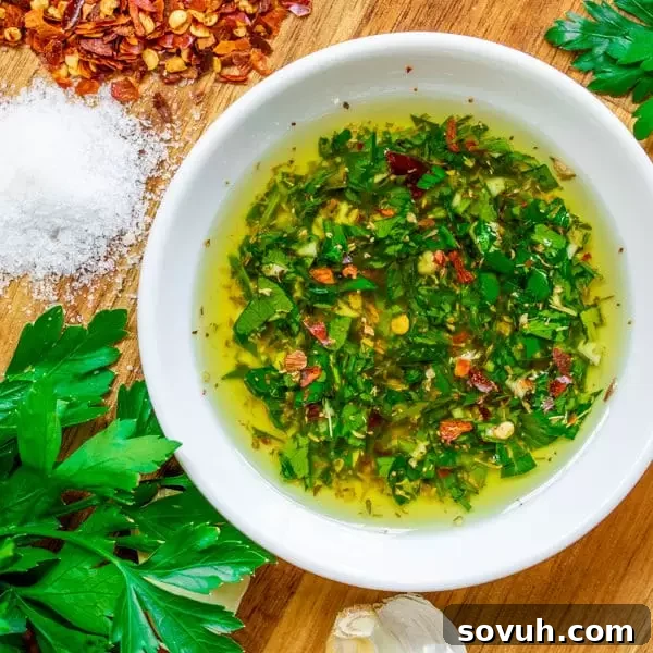 Whip Up Flavorful Chimichurri 2 Easy homemade Chimichurri sauce, a traditional Argentinian condiment perfect for grilled steak, chicken, and fish. This healthy blend of fresh parsley, oregano, garlic, red pepper flakes, olive oil, and vinegar elevates any summer grilling experience.