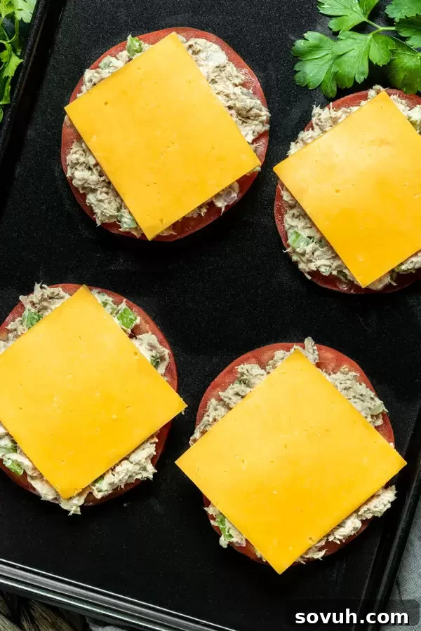 Step-by-step image showing how to make Keto Tuna Melt, beginning with the tuna salad mixture.