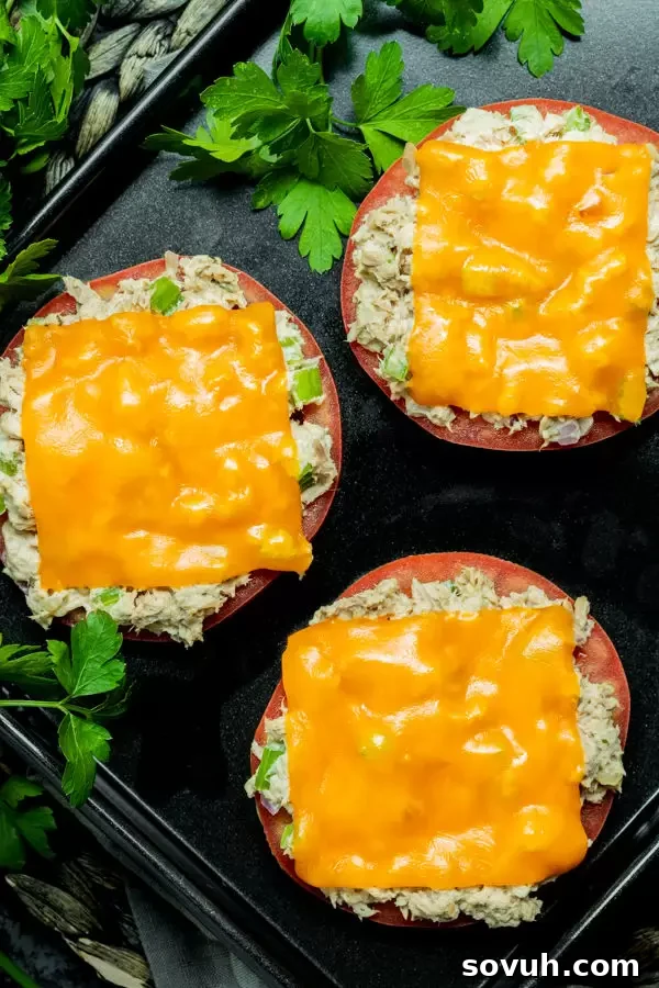Keto Tuna Melt arranged on a baking sheet, ready for broiling.