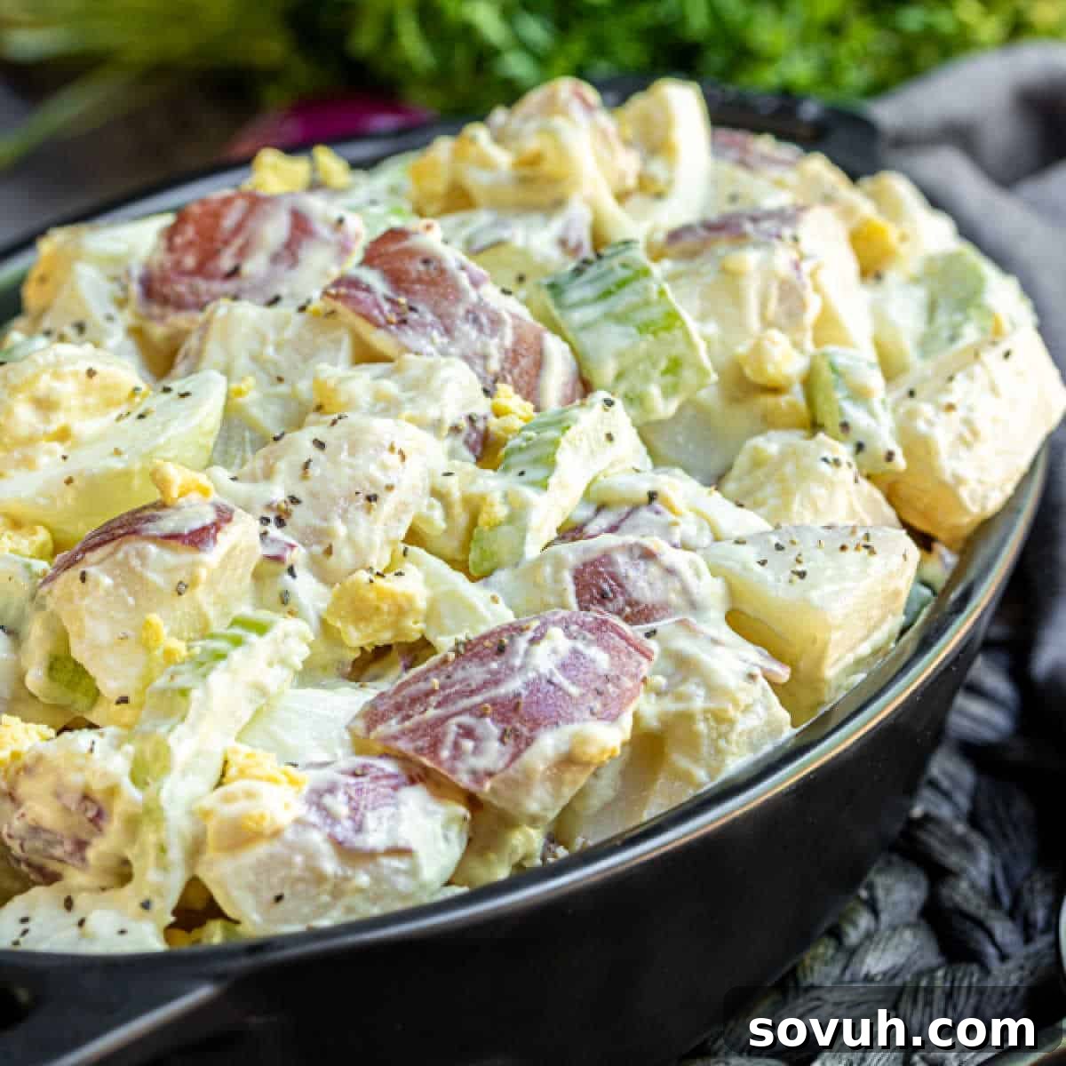 black dish with Mustard Potato Salad